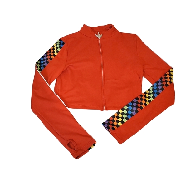 JEWEL HOUSE | Women's (Juniors) red with rainbow checkered stripe track suit. - Picture 2 of 10